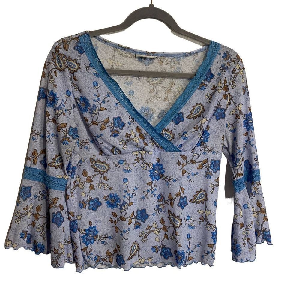 y2k 90’s Sheer Blue Floral Bell Sleeve Lace detail all over sheer blue top